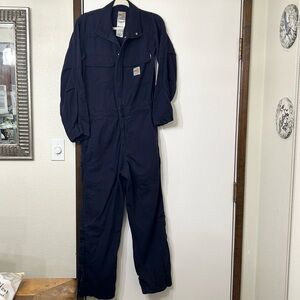 CARHARTT MENS FR LOOSE RUGGED FIT TWELL COVERALLS IN NAVY BLUE SZ SMALL
